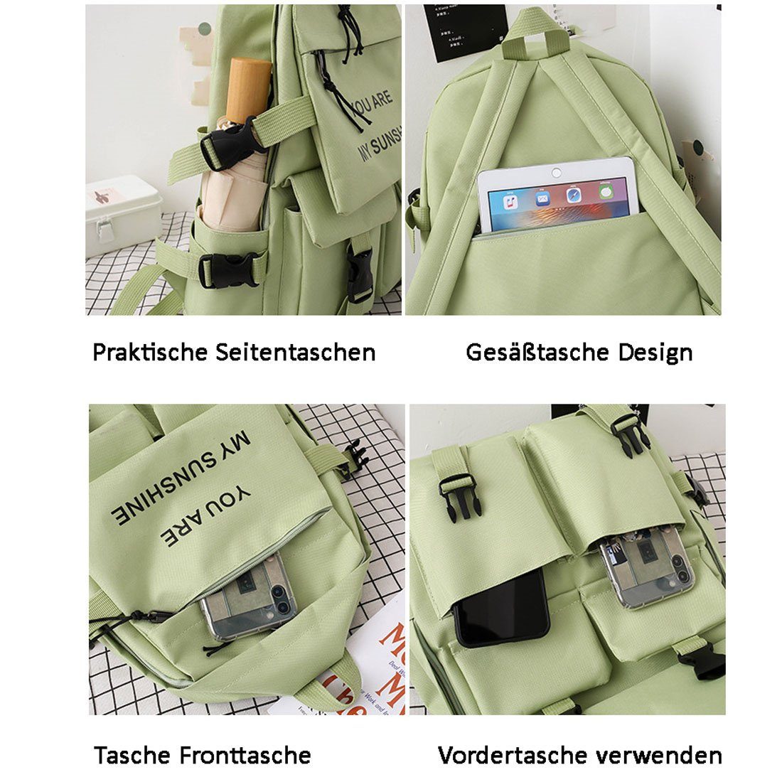 DÖRÖY Schulrucksack Freizeitrucksack für grün Set Großraum-Schulranzen 5-teiliges Studenten
