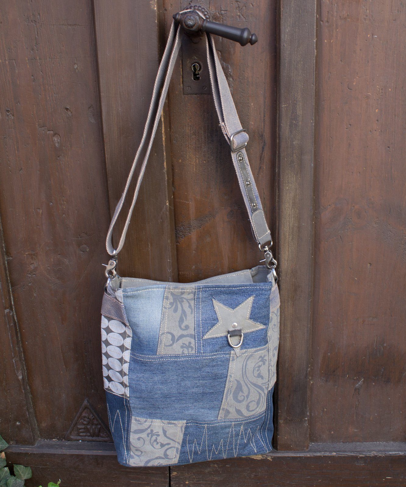 Jeans mit Sunsa Damen Tasche. Crossbody 52225, Denim recycelten Umhängetasche Stern. recycelte Umhängetasche Bag Jeans Aus aus große