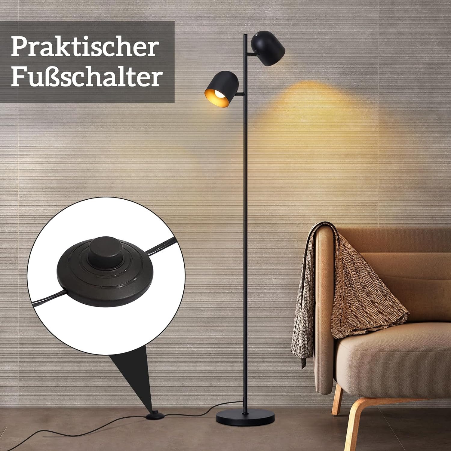 Nettlife Stehlampe Schwarz 2-Flammig 145cm E14 Stehleuchte Vintage Metall Industrial, Schwenkbar 350°, ohne Leuchtmittel, Fußschalter Leselampe Retro für Schlaf – Bild 4 von 5