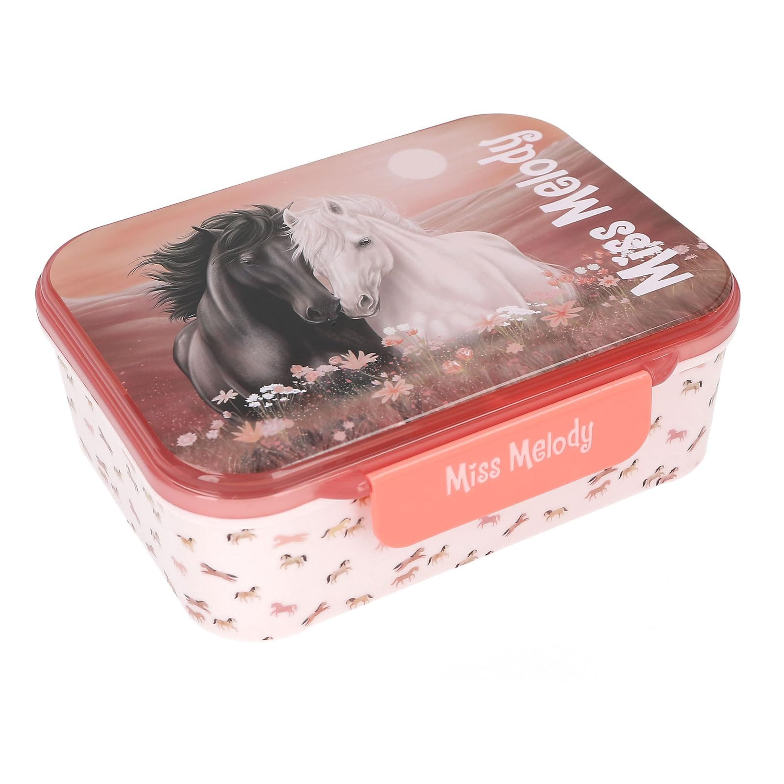 Depesche Federmäppchen Brotdose Hellrosa mit Pferde Motiv, 3 Fächer, Klappdeckel, Lunchbox für Kinder, ideal für Schule und Ausflüge