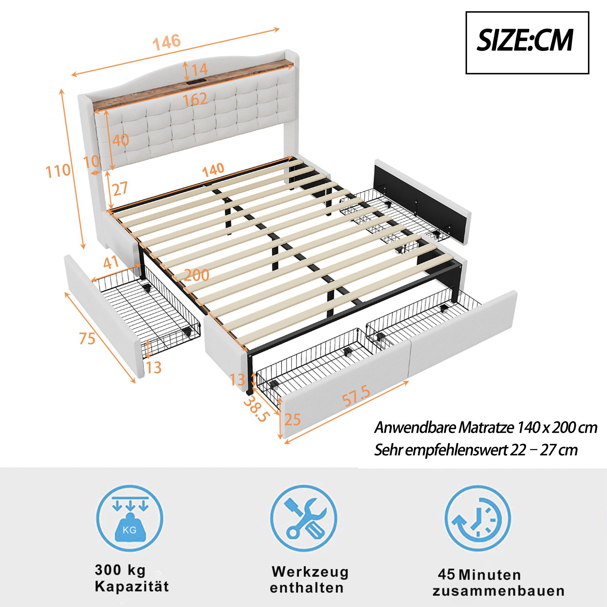 Celya Polsterbett 140*200 cm, Nachttisch mit günstig online kaufen