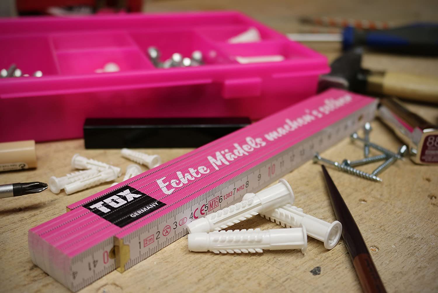 Beschriftung, Zollstock Meterstab meter, mit TOX-DÜBEL-TECHNIK cooler farbenfroh Farben und verschiedenen 2 verschiedenen (pink/weiß) in machen's mit Mädels Echte selbst" Sprüchen