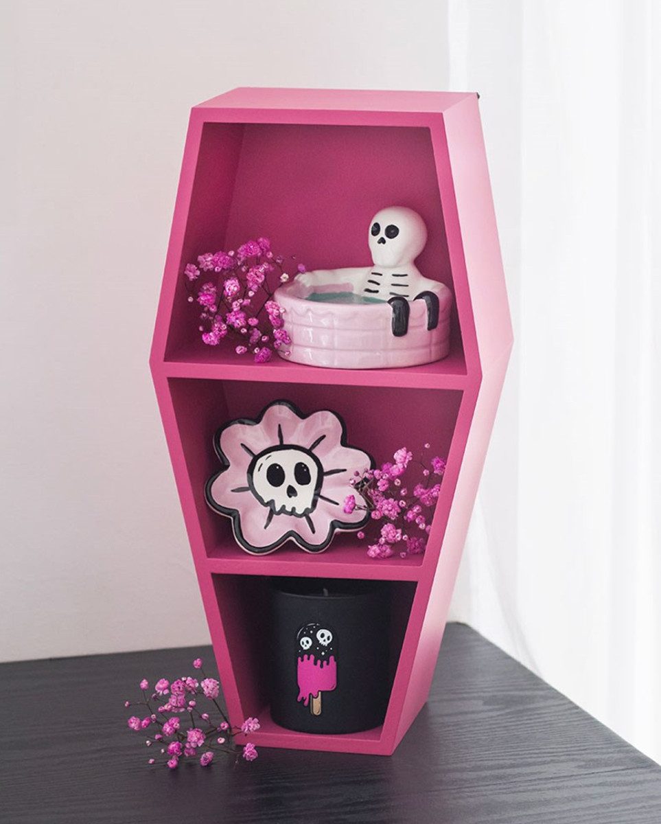 Horror-Shop Dekofigur Sargregal Pink – Gothic Wandregal im Coffin Design