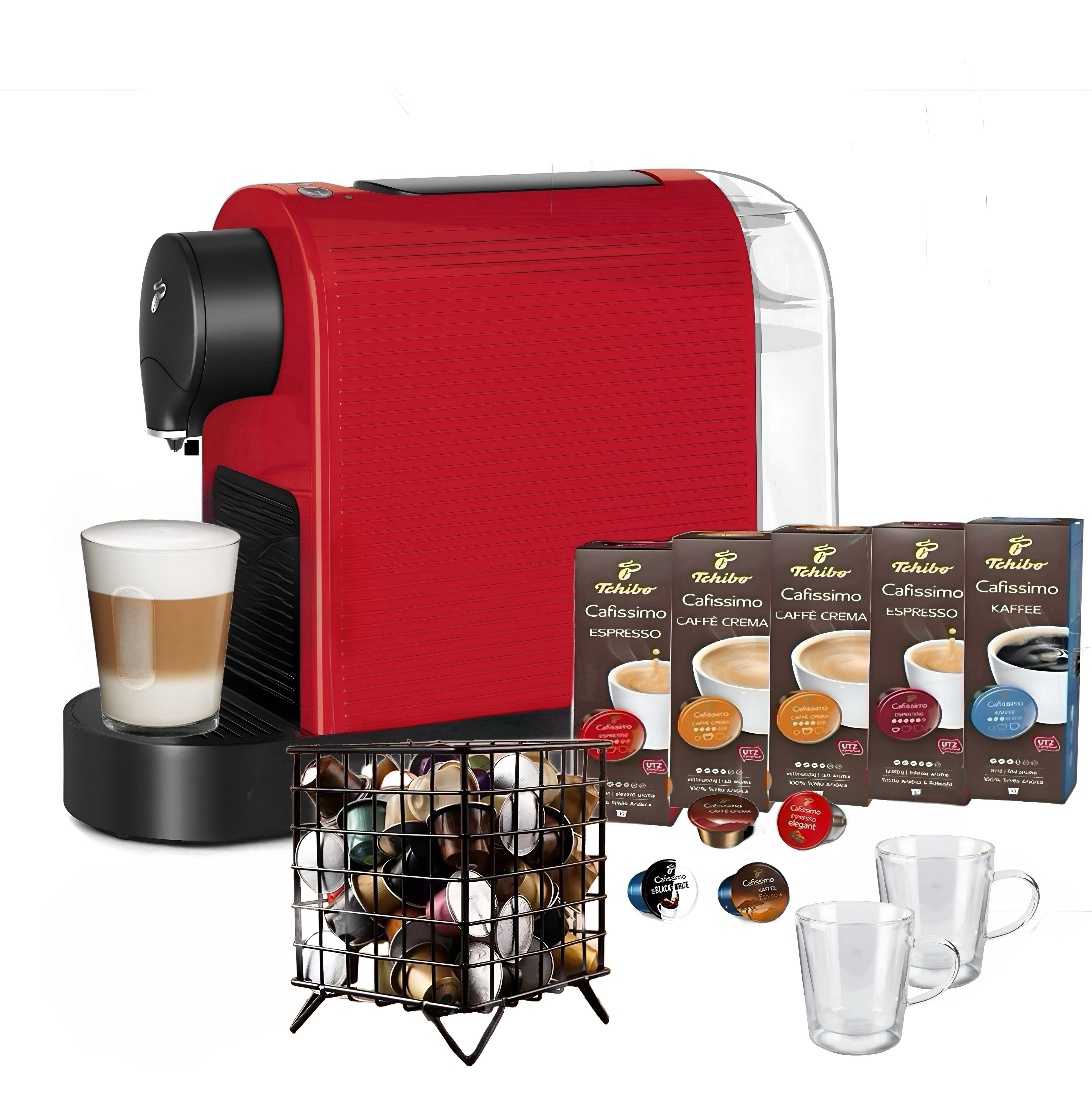 Tchibo Kapselmaschine Beste Kaffee CAFISSIMO + 50 Kapseln Kapselspender 2 Espresso Gläser, Beste Kaffee, Espresso, Caffè Crema, Kaffee Kapsel, Kaffeekapsel Ständer aus hochwertigem Stahl, Kaffeevollautomat, Kaffee Maschinen, Kapselkaffee, Kaffeemaschine