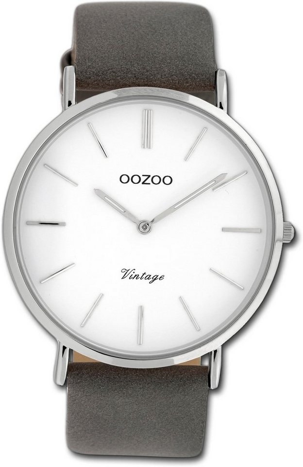 OOZOO Quarzuhr Oozoo Leder Damen Uhr C20075 Analog, Damenuhr Lederarmband  grau, rundes Gehäuse, groß (ca. 40mm)