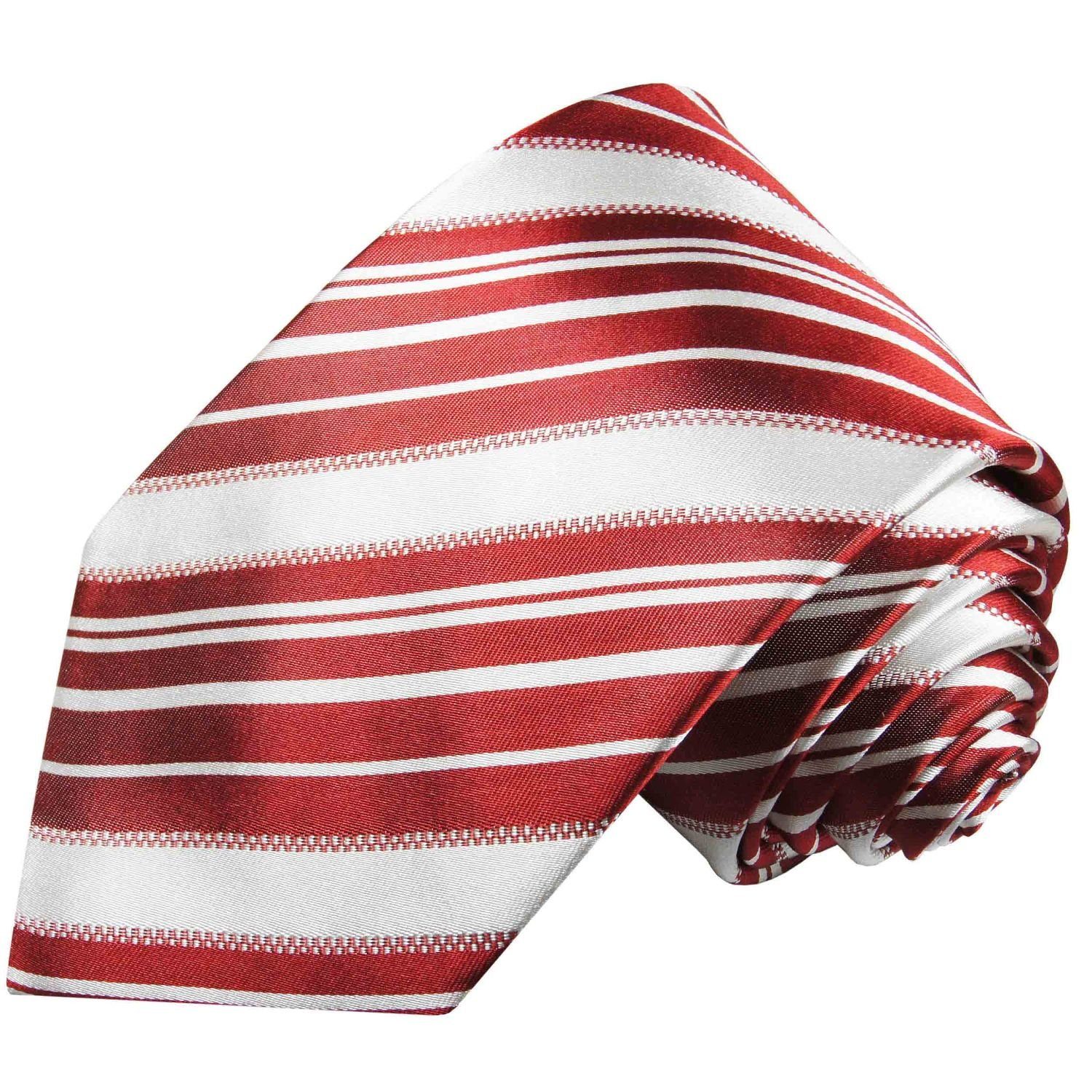 2-St., und 445 Krawatte Paul (Set, Seidenkrawatte modern Tuch gestreift (8cm), weiß Einstecktuch) Schlips Krawatte Seide Herren 100% Malone rot Breit mit