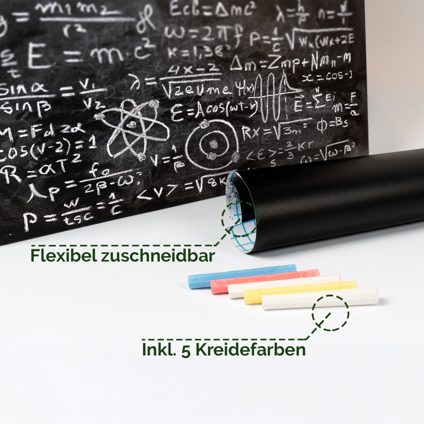 Veluxis Tafelfolie Veluxis® Tafelfolie selbstklebend 200 x 45 cm, (1 St), Schwarz Matt - abwischbar – inkl. 5 Kreidefarben I Zuschneidbar