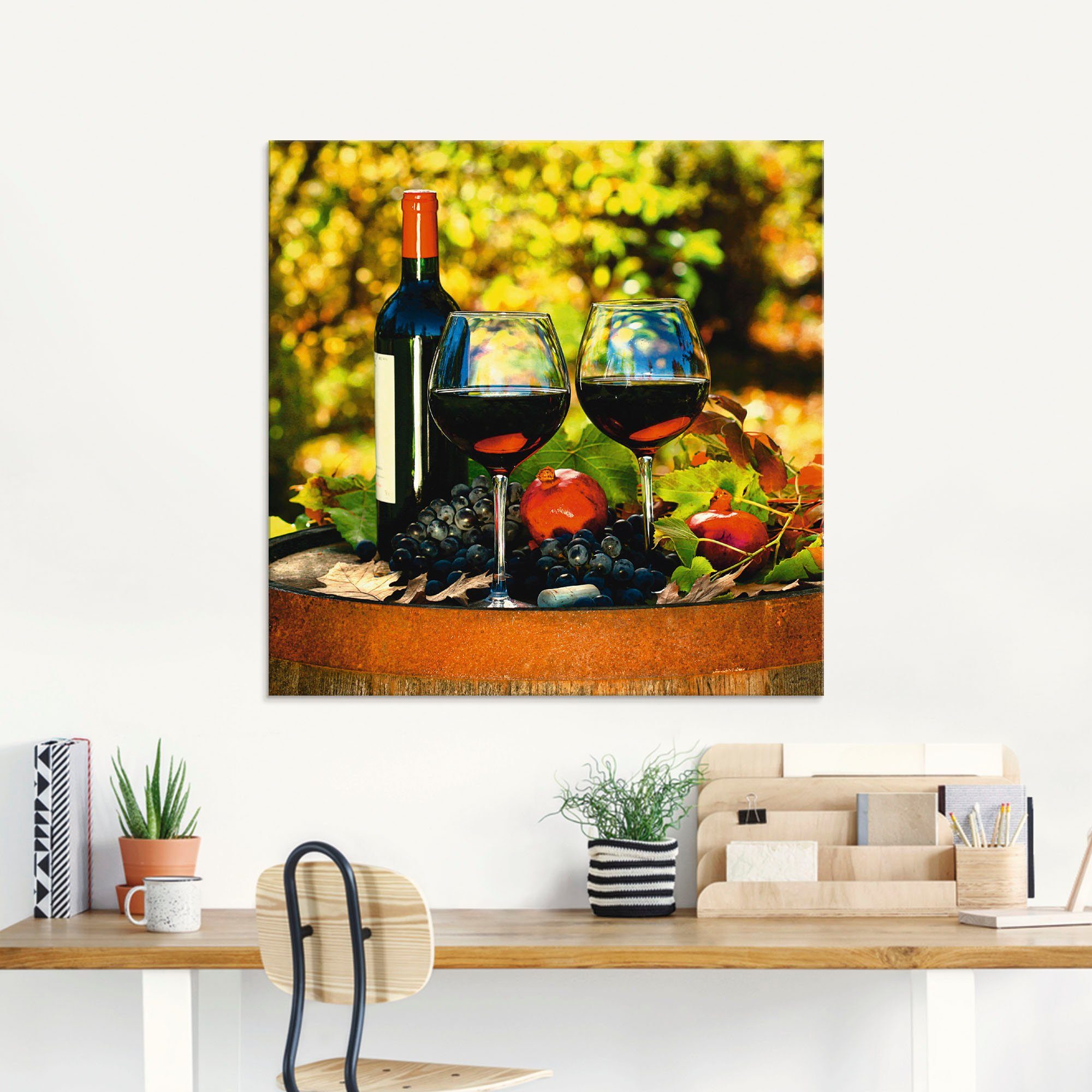 Artland Glasbild Gläser Rotwein auf altem Fass, Getränke (1 St), in verschiedenen Größen