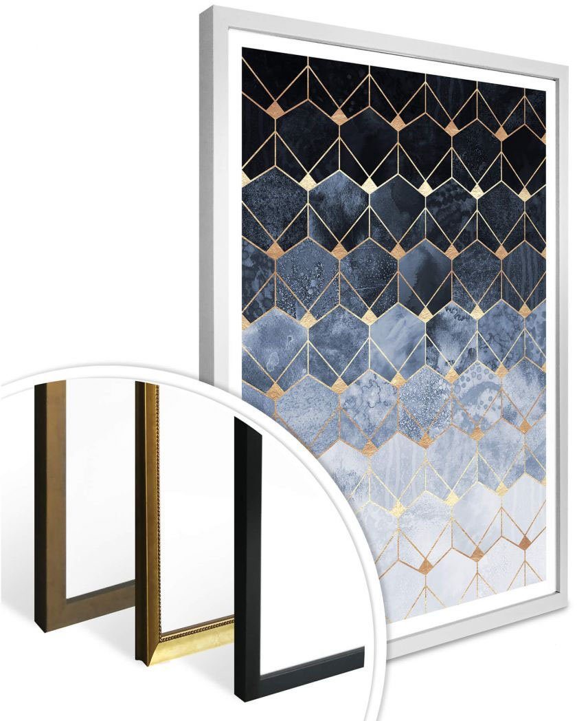 Wall-Art Poster Hexagon Blau Gold, (1 Schriftzug St)