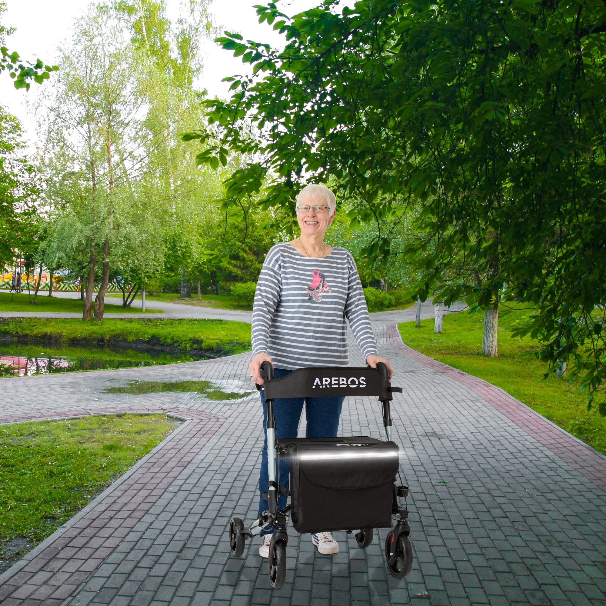 Arebos Rollator Aluminium faltbar 6-fach höhenverstellbar mit Tasche belastbar 136 kg, Ergonomische Griffe – komfortabel für lange Nutzung ohne Ermüdung