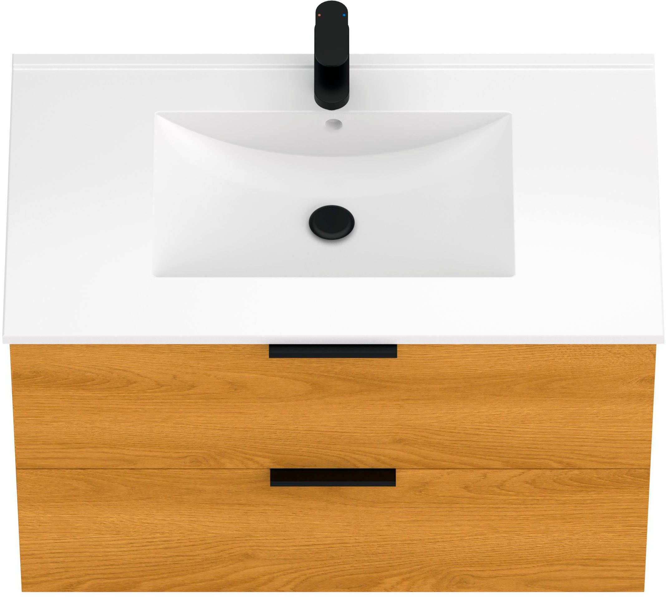 welltime Waschtisch Athen Badschrank Badezimmer WC Unterschrank mit Becken (Set), Waschplatz mit 2 Schubladen, Breite 80cm Softclose Bad