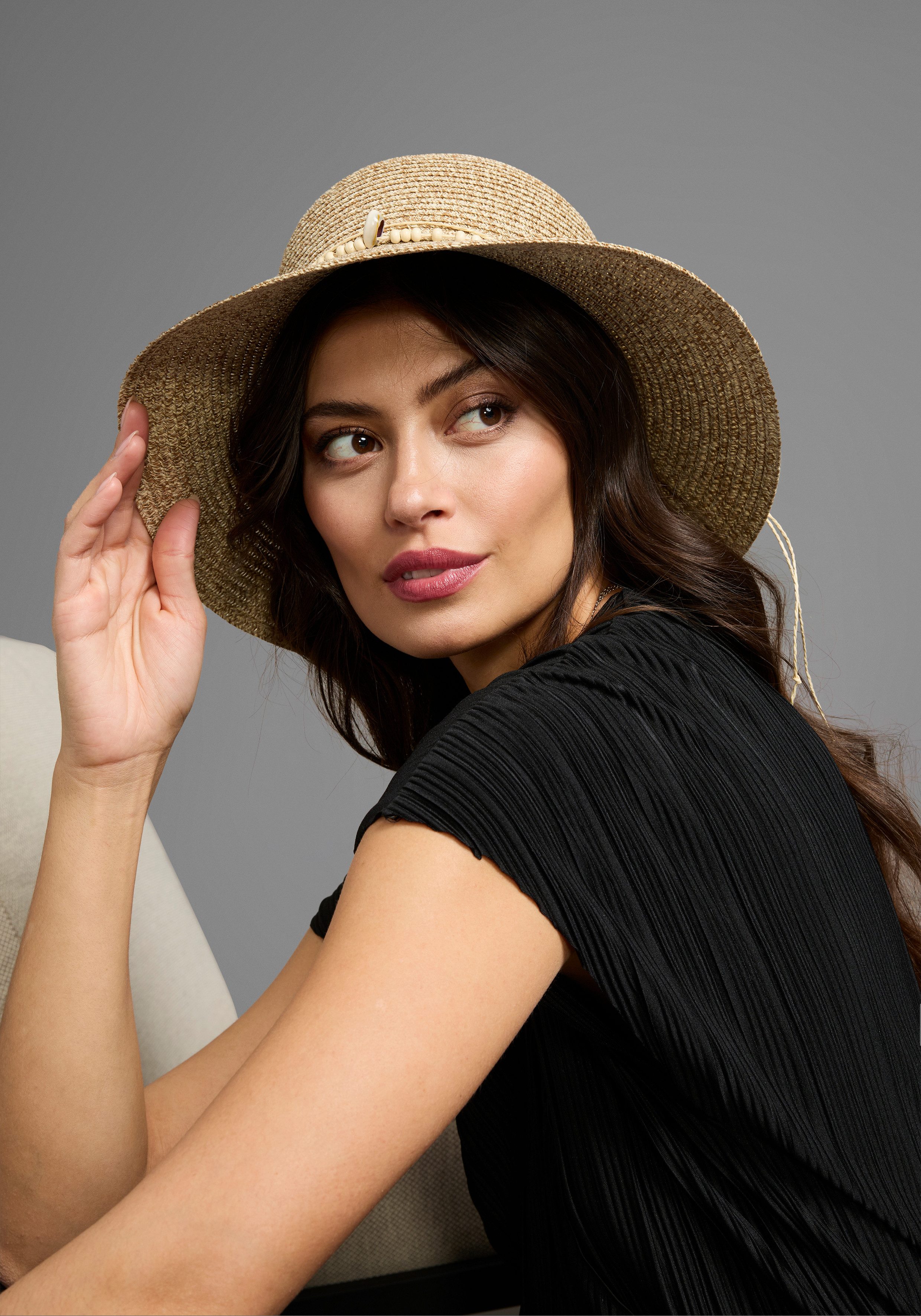 Laura Scott Sonnenhut mit Muschel- & Holzperlen, knautsch- & faltbar - NEW günstig online kaufen