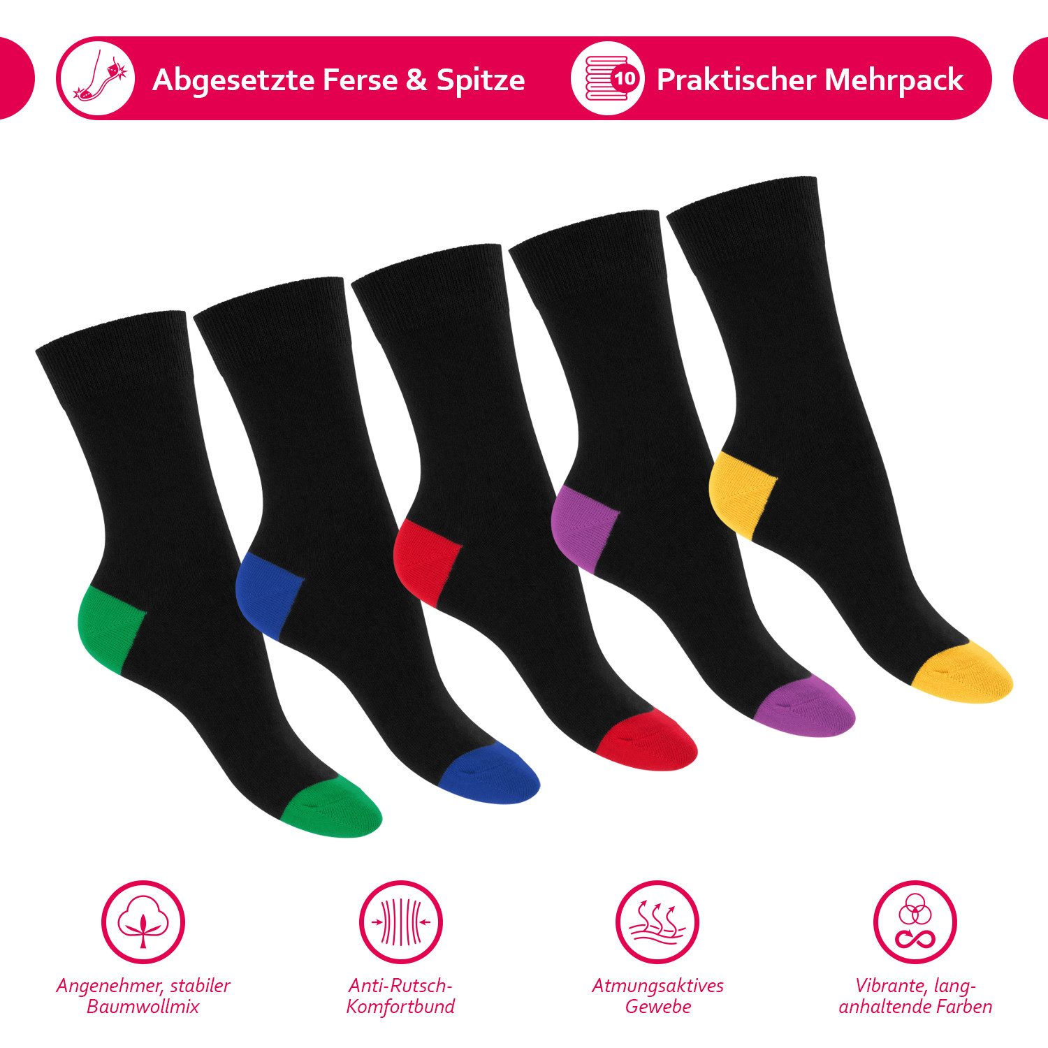 Footstar Basicsocken Damen & Herren Baumwollsocken abgesetzte Ferse/Spitze (10 Paar) – Bild 3 von 5
