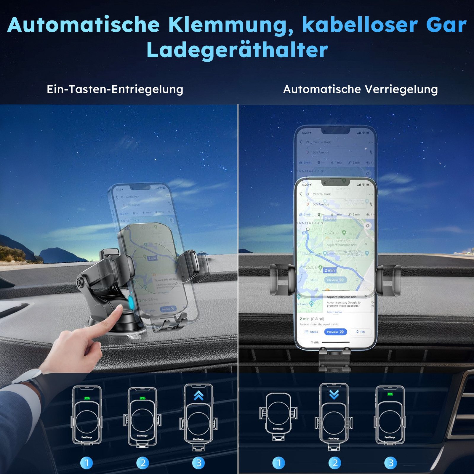 MOPUEA Smartphone-Halterung Kabelloses Auto-Ladegerät Schnelllade-Handyhalter Universal, (bis 7 Zoll, 1-tlg., 3-in-1 Auto-Clamping Handyhalterung, Handyhalter 1 – Bild 4 von 5