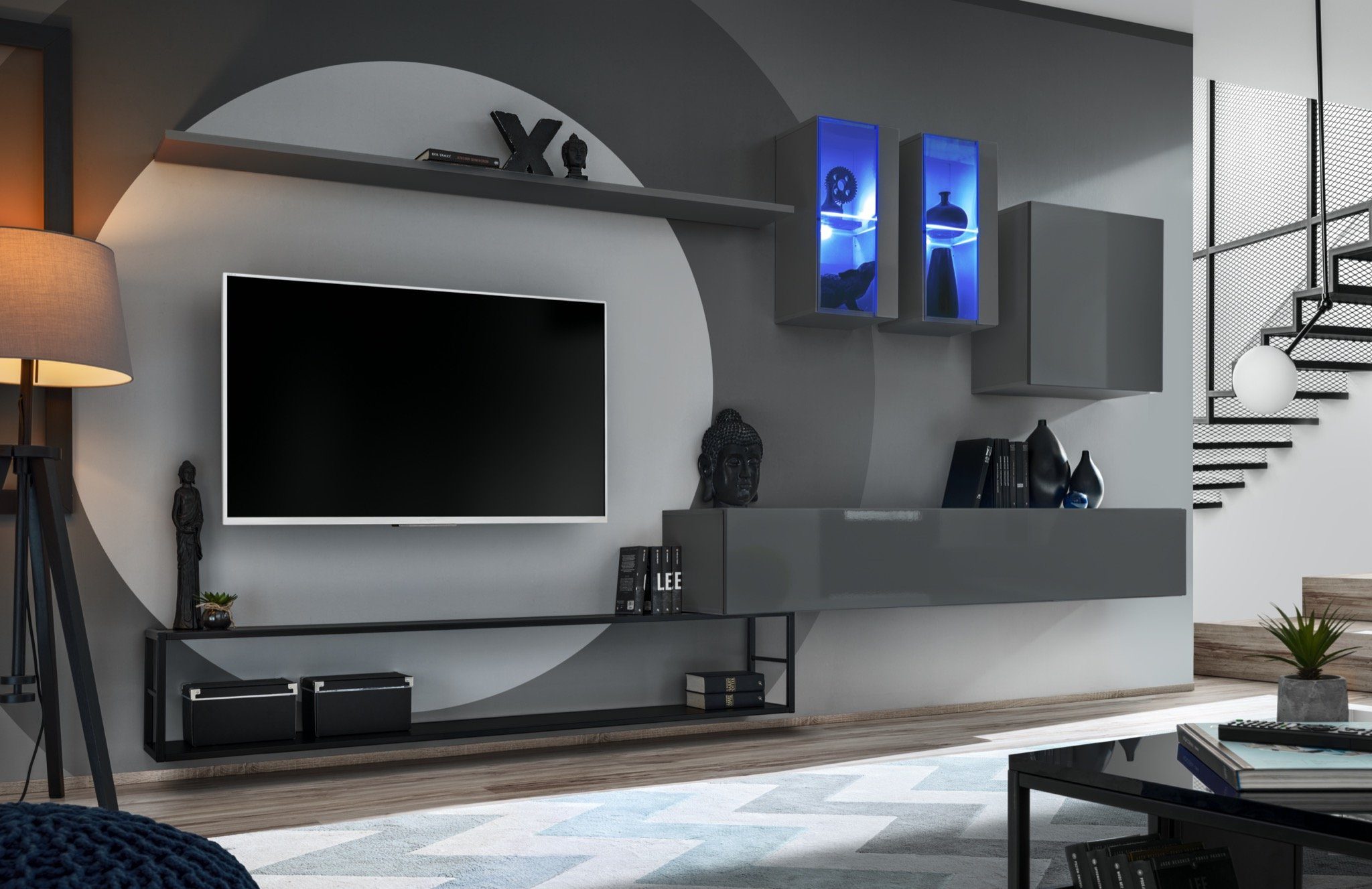 JVmoebel Wohnwand Grau Wohnwand Wohnzimmermöbel Set 6tlg Designer Luxus Möbel, (6-St., TV Ständer + 3x Wandschrank + 2x Wandregal), LED beleuchtet