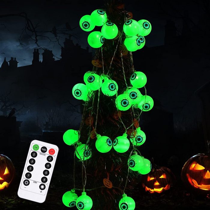 GelldG Dekoobjekt Halloween Grüne Augapfel-Lichterkette mit Fernbedienung 30 LEDs