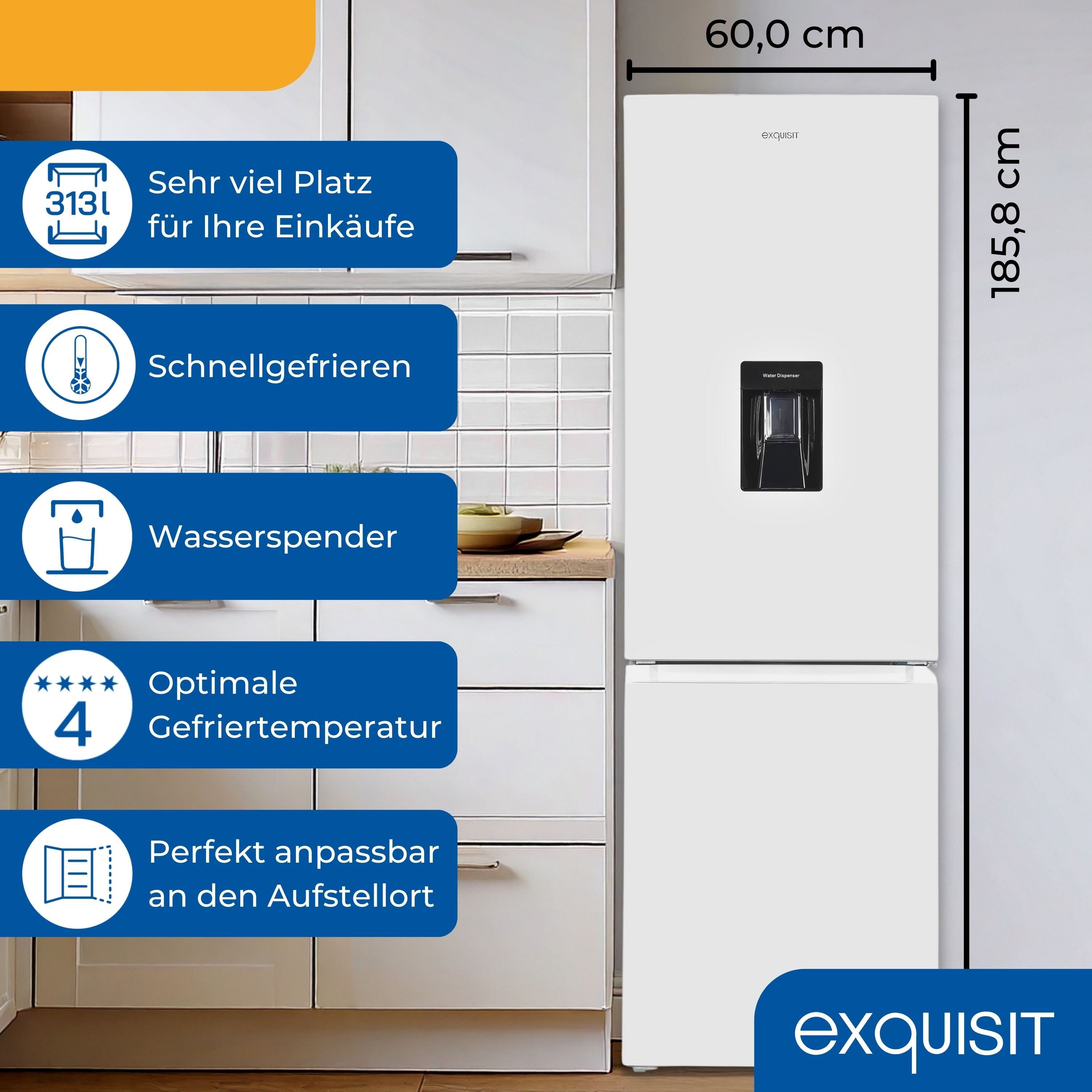 exquisit Kühl-/Gefrierkombination KGC5320-95-E-WS-040C, 185.8 cm hoch, 60 cm breit, Kühlschrank mit Wasserspender, 4-Sterne-Gefrieren, Alarm-Funktion
