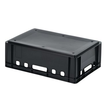 Logiplast Transportbehälter 4 E2-Kisten schwarz mit Deckel in grau, (Spar-Set, 4 Stück), Lebensmittelecht, leicht zu reinigen, stapelbar, robust