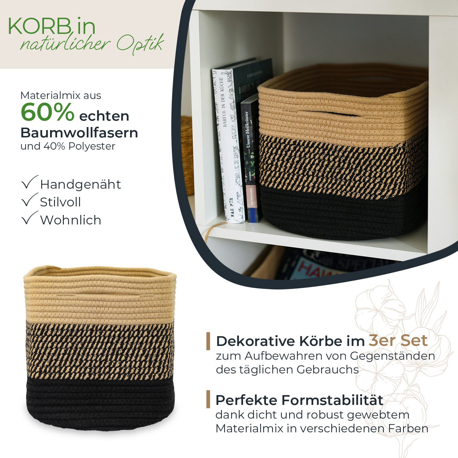 HMF Aufbewahrungskorb Aufbewahrungskorb mit versteckten Griffen (Set, 3er), Korb aus Baumwolle, 37,5 x 25 x 22,5 cm, Schwarz-Honig – Bild 2 von 5