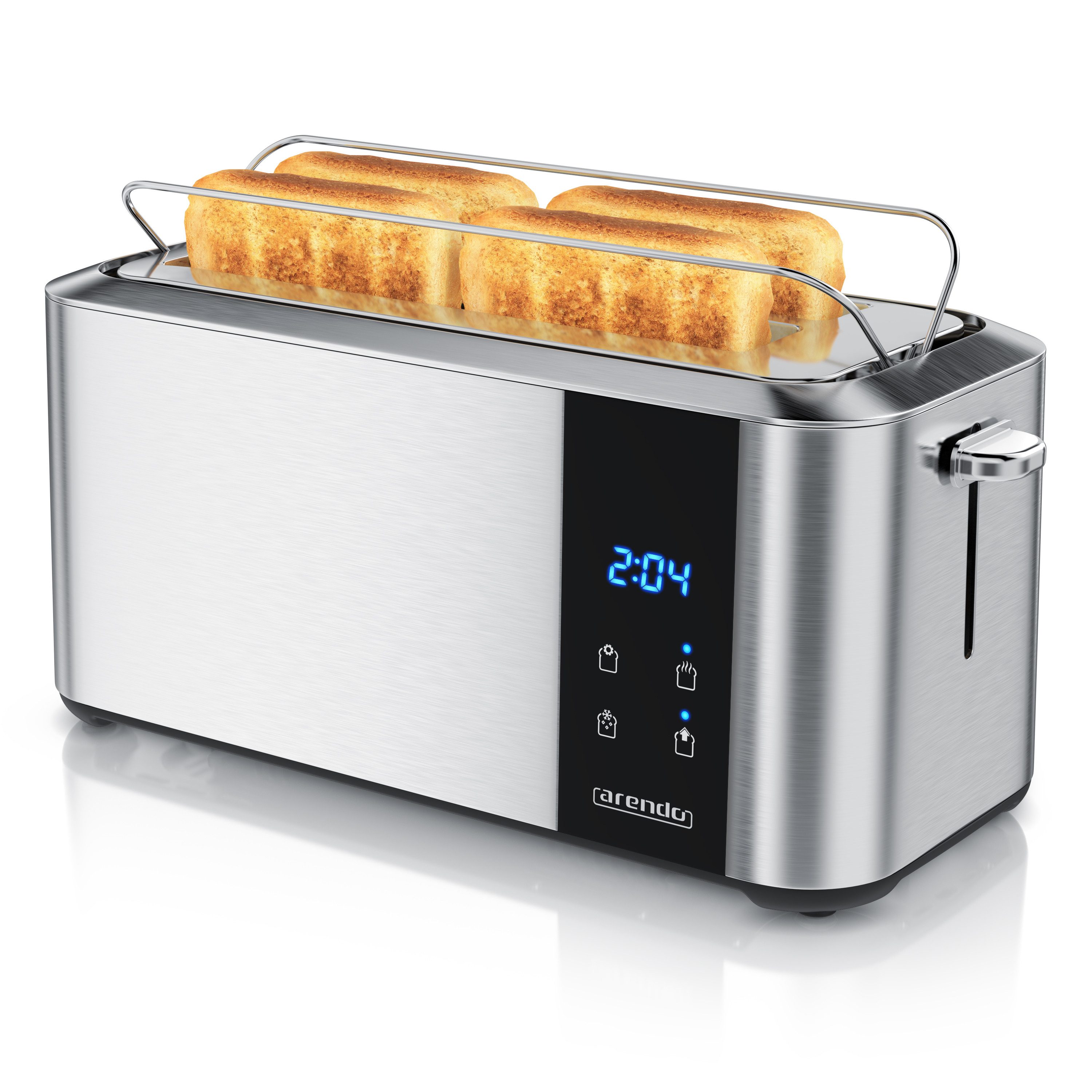 Arendo Toaster Langschlitz, Brötchenaufsatz, Wärmeisoliertes Gehäuse, Display, Touch, 2 lange Schlitze, für 4 Scheiben, 1500 W, LED-Anzeige mit Restzeit, Touchdisplay, Brötchenaufsatz