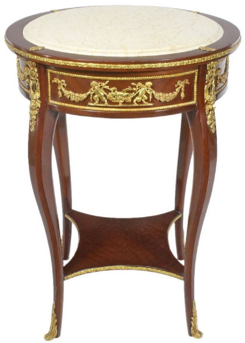 Casa Padrino Beistelltisch Barock Beistelltisch mit Marmorplatte Braun / Gold / Creme Ø 45 x H. 75 cm - Runder Tisch im Barockstil - Barock Möbel