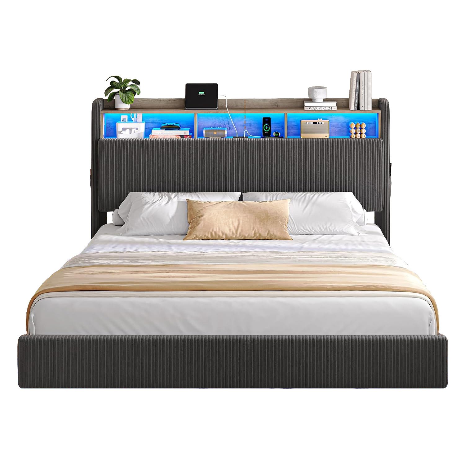 MSMASK Polsterbett Schwebebett mit 270°-LED-Beleuchtung, USB & Type-C Ladestation (Ohne Matratze), Doppelbett mit Stauraum-Kopfteil 140x200 cm – Bild 3 von 5