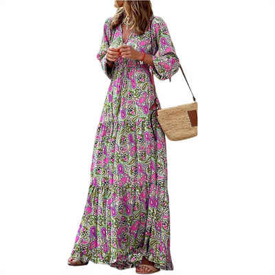 B.X Maxikleid Herbstliches Damenkleid mit V-Ausschnitt und Rüschen Böhmisches langes Kleid, elegantes langes Kleid mit Knöpfen