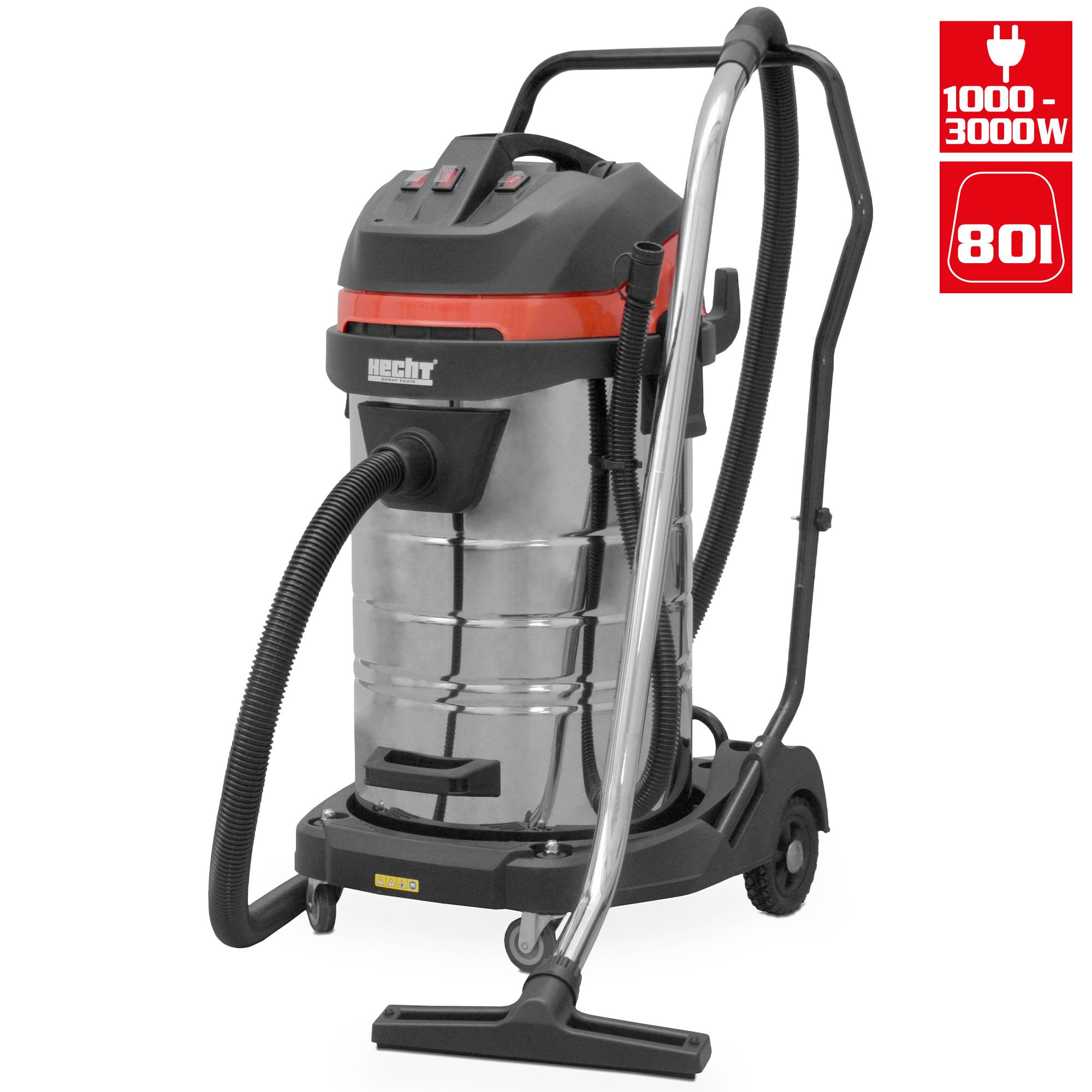 Hecht Industriesauger 8380 Nass-Trockensauger 80L Edelstahlbehälter Werkstattsauger, 3000 W, Behälter, beutellos Staubsauger Baustelle Garage