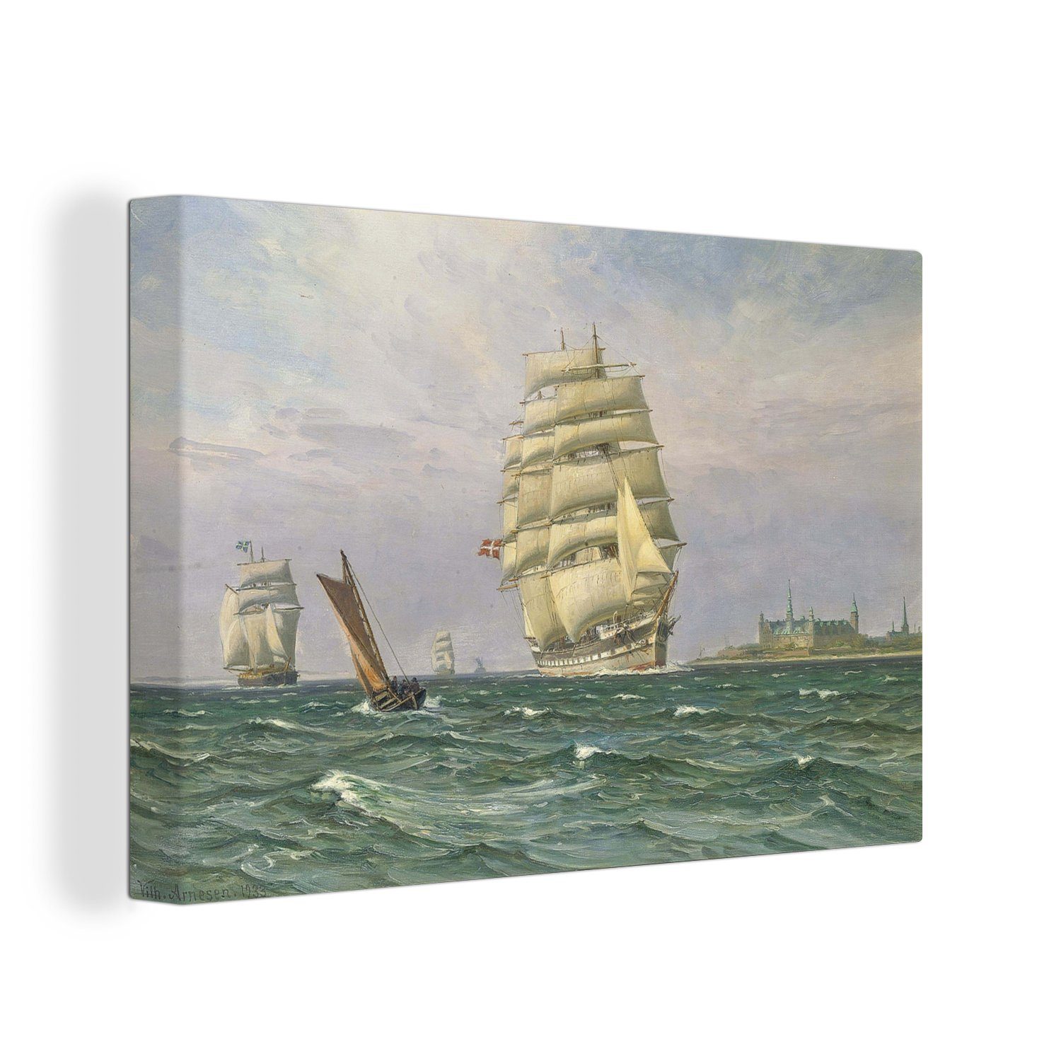 OneMillionCanvasses® Leinwandbild Dänisches Segelschiff bei Kronborg - Kunstdrucke von Vilhelm Arnesen, Fotodruck (1 St), Leinwand Bilder Klein, Wand Dekoration Aesthetic 30x20 cm