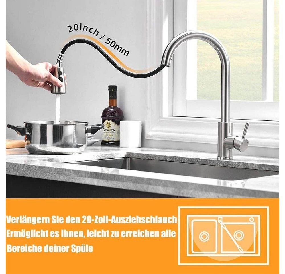 Thumbnail - XERSEK Waschtischarmatur Edelstahl Niederdruckarmatur/Hochdruckhahn Ausziehbar Brause 360° Drehbar Spültischarmatur Wasc...