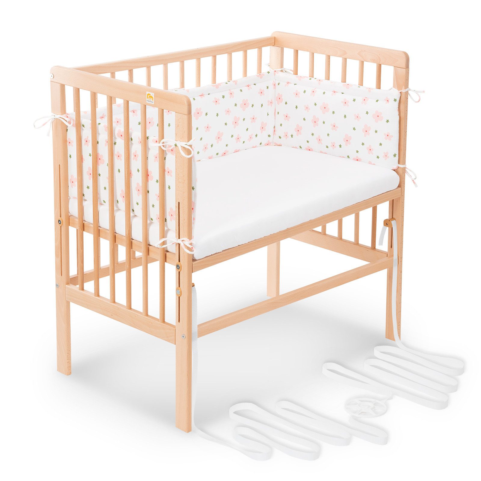 FabiMax Beistellbett Babybett Boxspring klar lackiert, 90 x 55 cm Liegefläche, aus Buchenholz, Stufenlos höhenverstellbar 40-73 cm, Holz-Lattenrost