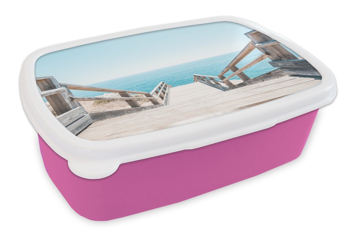 MuchoWow Lunchbox Meer - Treppe Snackbox, - (2-tlg), Kunststoff, Kinder, Portugal, Brotdose Kunststoff für Mädchen, Brotbox rosa Erwachsene