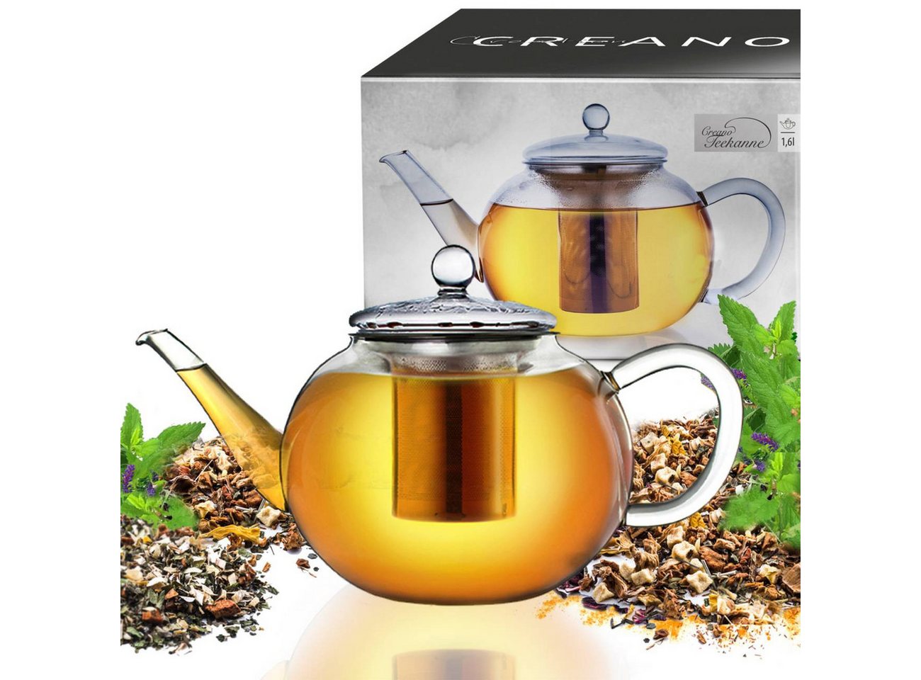 Creano Teekanne Teekanne “flach” 1,6l, 1.6 l, (1er-Set, 3-St., Teekanne & Deckel), tropffrei