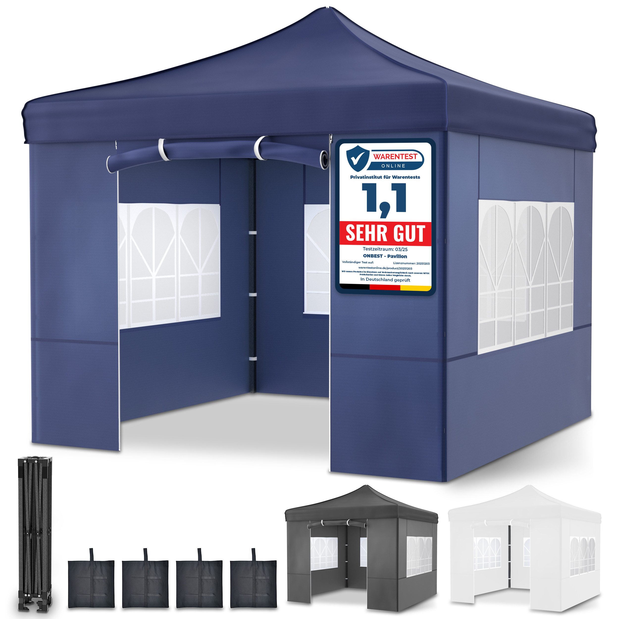 Onbest Pavillon Premium 3x3 Pop-Up mit viel Zubehör, mit 4 Seitenteilen, 420 PU Silver Coated Oxford, wasserdicht, UV 50+