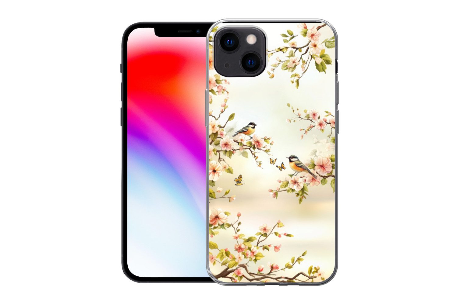 MuchoWow Handyhülle für Apple iPhone 13 Äste - Blumen - Vögel - Rosa, Smartphone-Bumper, Print, Handy Schutzhülle Dünn