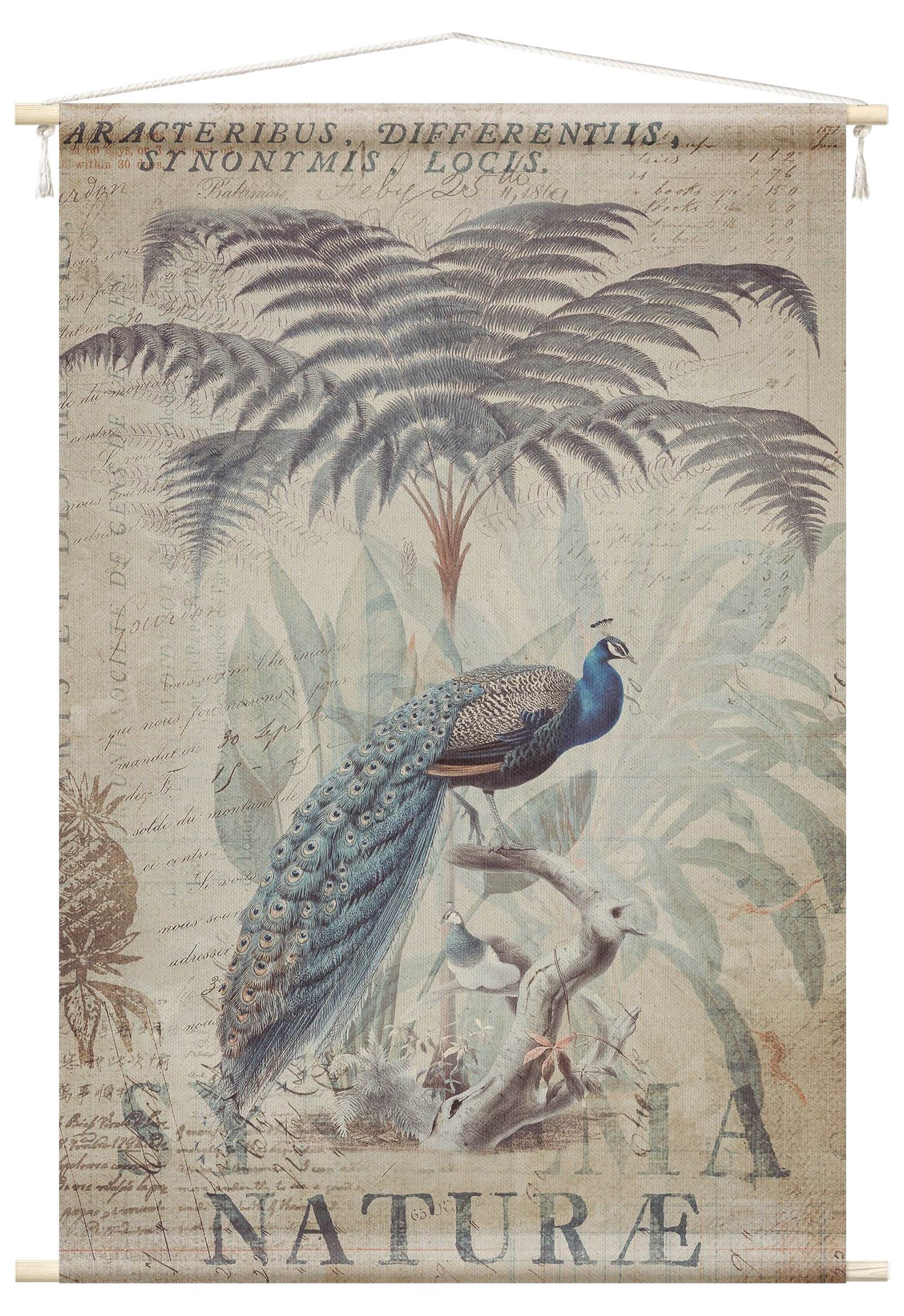 Bilderdepot24 Wandteppich modern Vintage Tropisch Landhaus Tiere Vögel blau, rechteckig, Höhe: 2.6 mm, großes Wandbild aus Natur-Baumwolle Wandbehang Stoffbild Tuch Wollseil