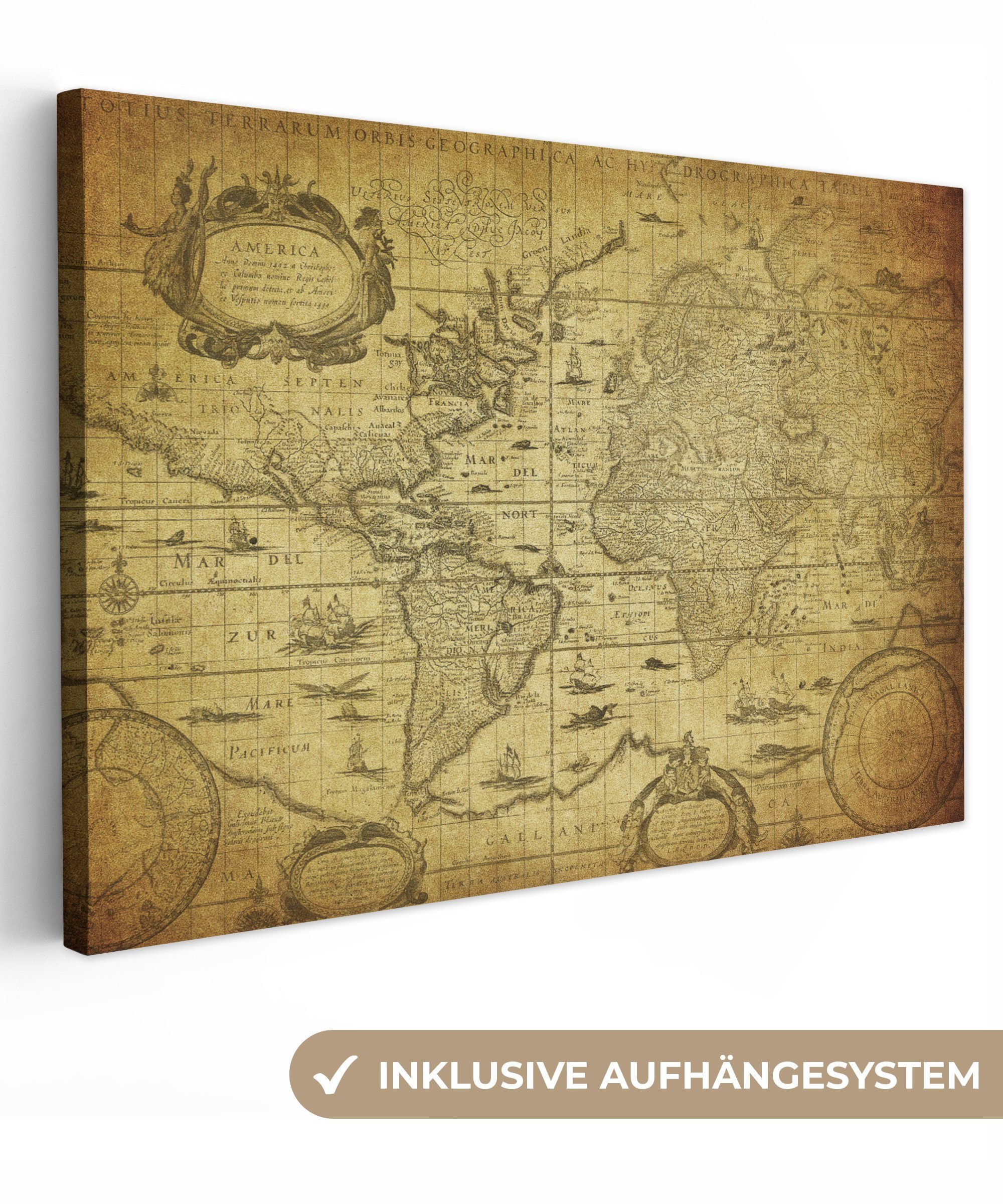 OneMillionCanvasses® Leinwandbild Weltkarte - Vintage - Geschichte - Kinder - Jungen - Mädchen, Fotodruck (1 St), Leinwand Bilder Klein, Wand Dekoration Aesthetic 30x20 cm