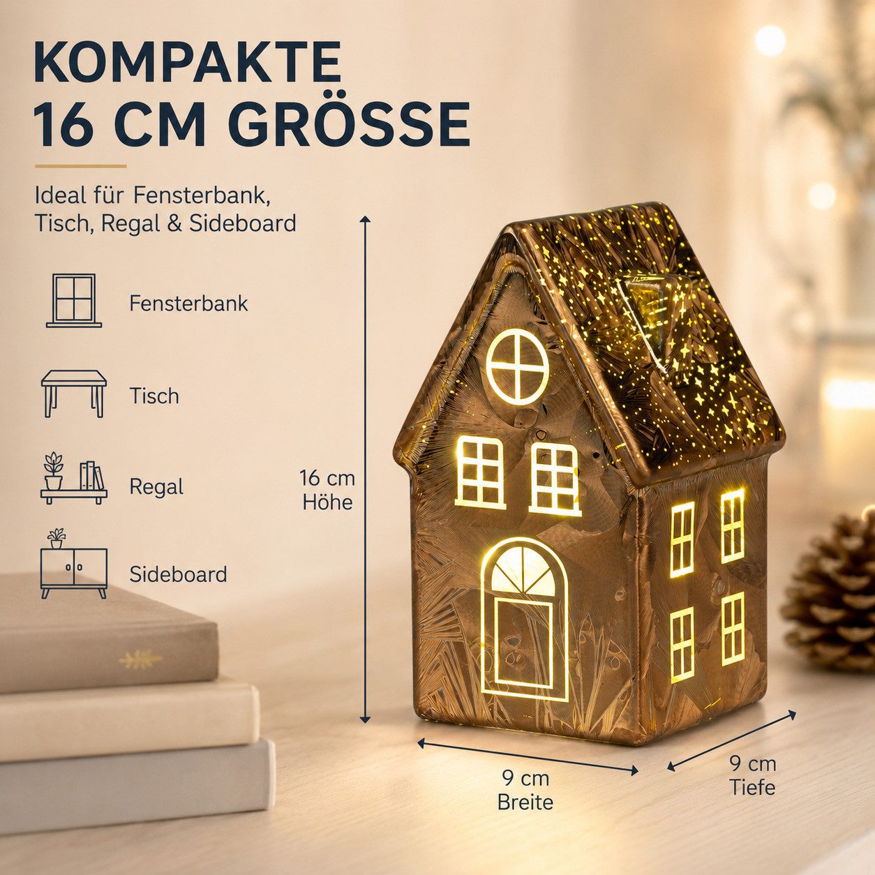 formano LED Dekolicht LED Deko Haus Frosty-Braun Lichthaus aus Farbglas in geeister Optik, LED fest integriert – Bild 4 von 5
