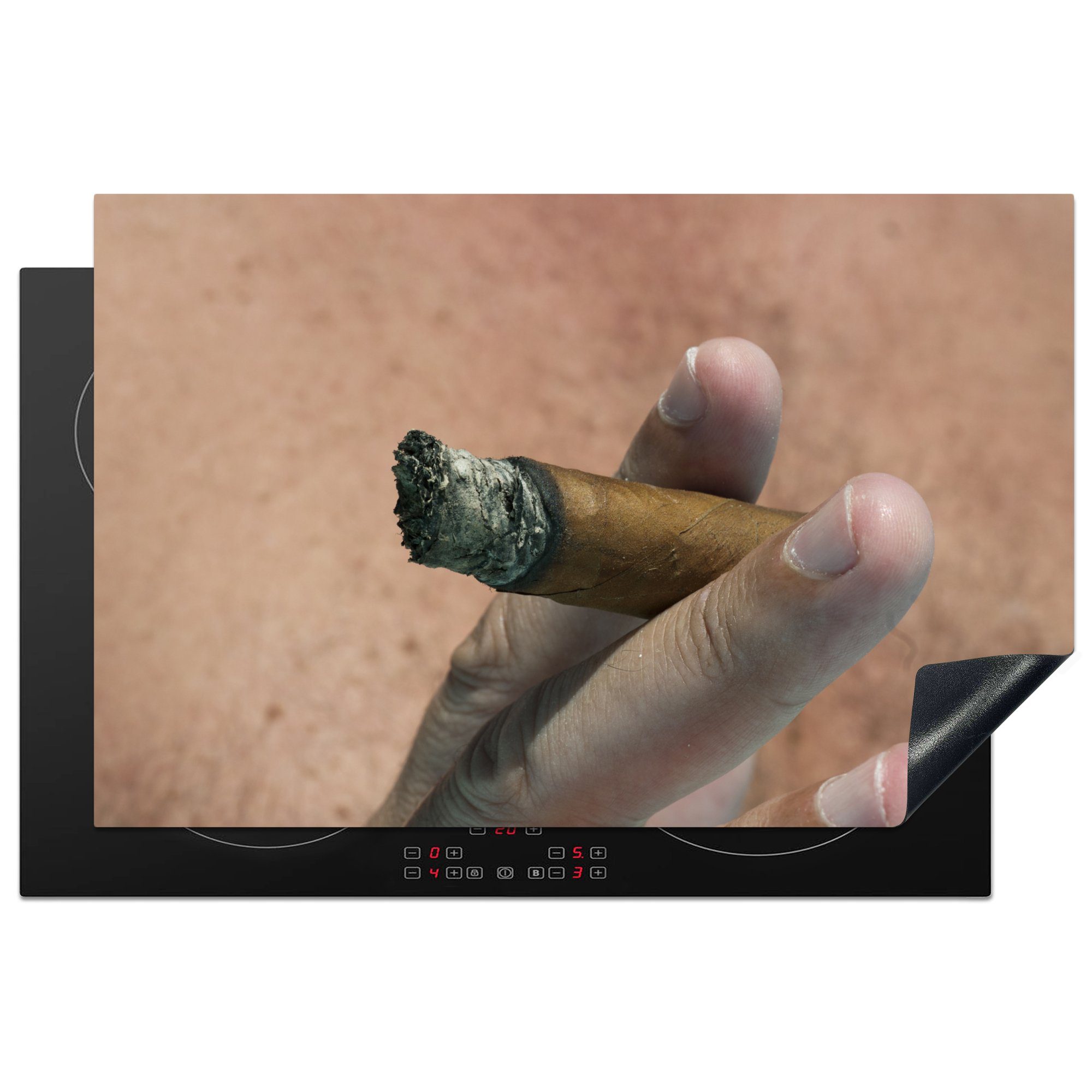 MuchoWow Herdblende-/Abdeckplatte Männliche Hand hält eine kubanische Zigarre, Vinyl, (1 tlg), 81x52 cm, Induktionskochfeld Schutz für die küche, Ceranfeldabdeckung