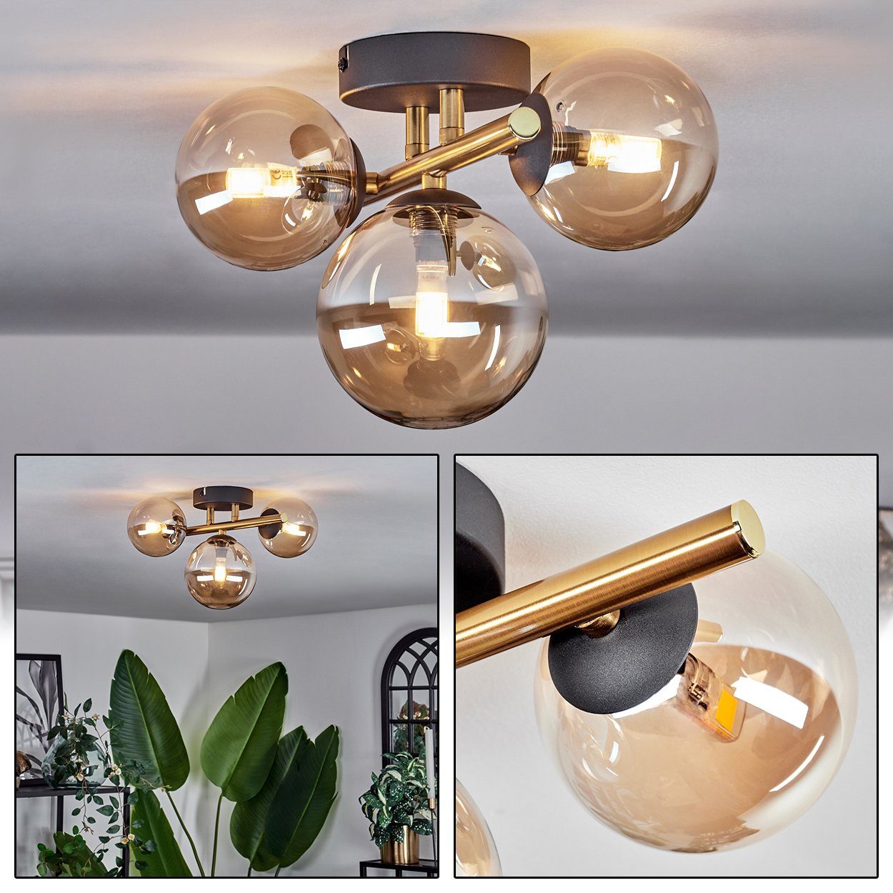 hofstein Deckenleuchte Deckenlampe aus Metall/Glas in Schwarz/Goldfarben/Bernsteinfarben, ohne Leuchtmittel, Leuchte im Retro-Design aus Glas, 3 x G9 LED, ohne Leuchtmittel