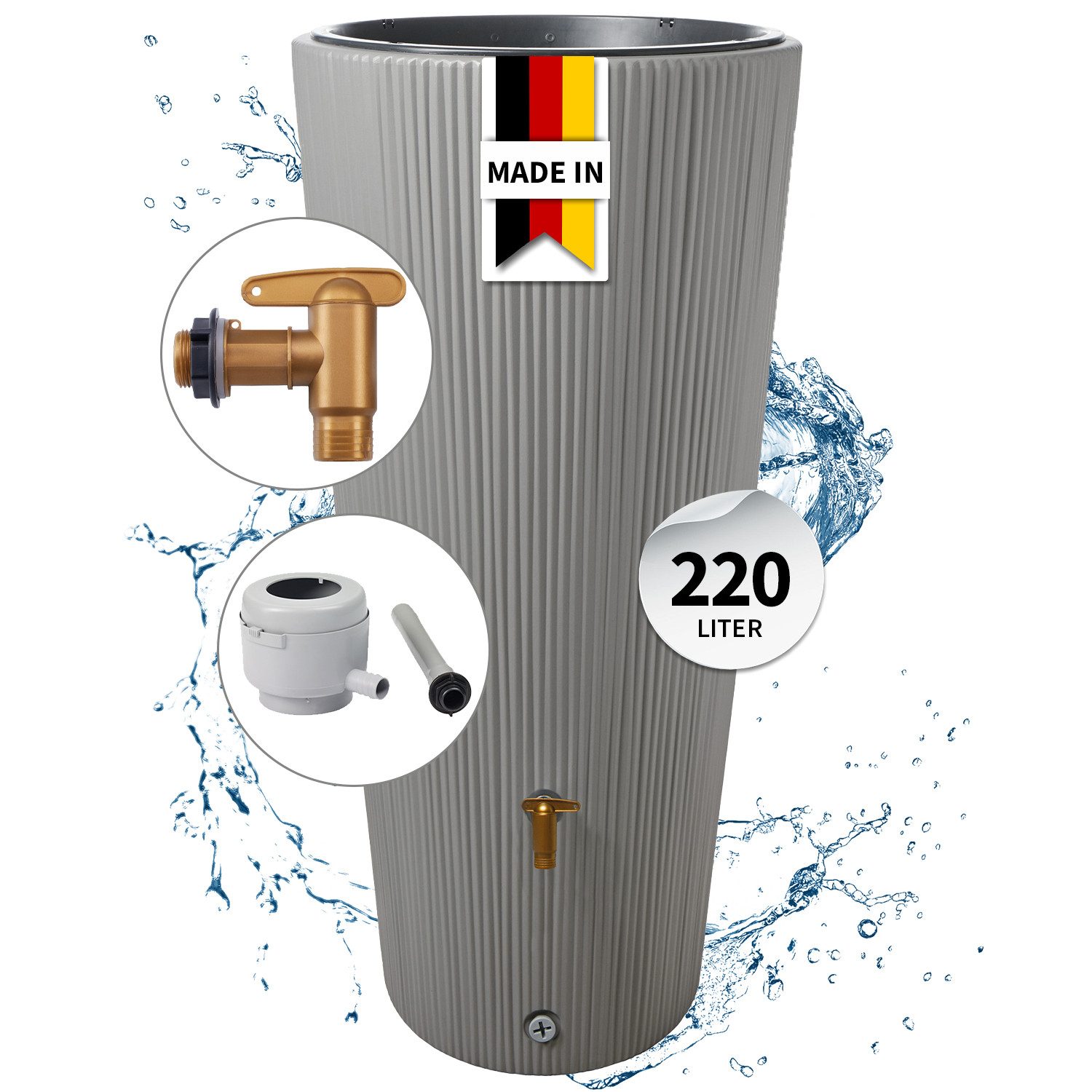 4rain Regentonne VASO 2in1 DECOR Regenspeicher Komplett-Set 220 L, zinkgrau