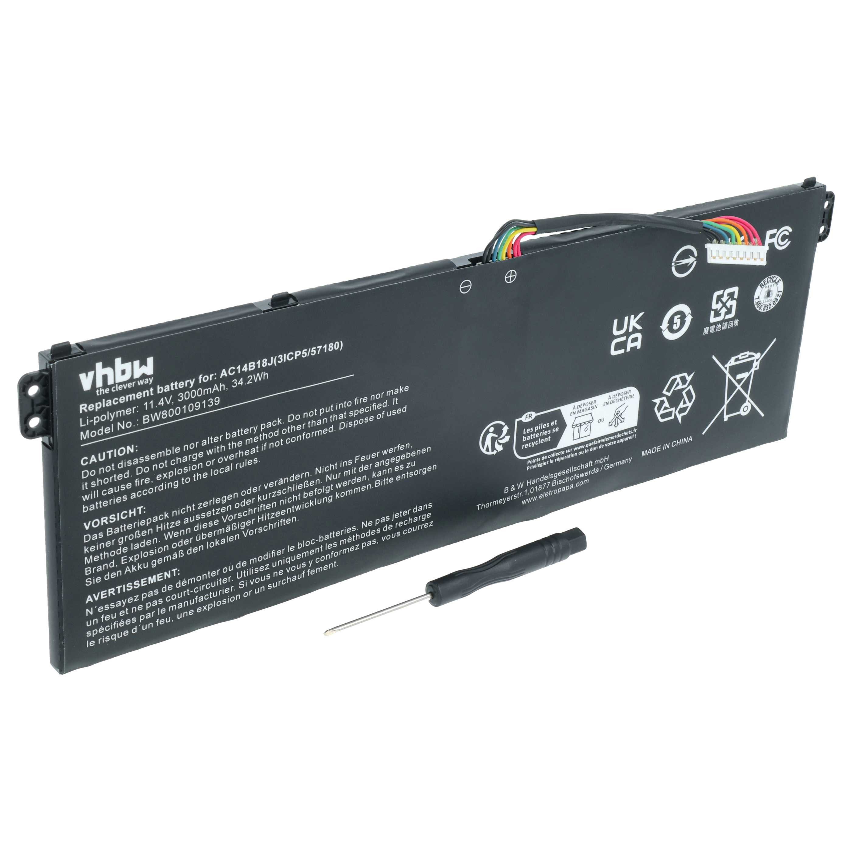 vhbw Akku Ersatz für Acer AC14B13J, KT.0030G.004, 4ICP5/57/80, AC14B18J, Laptop-Akku Akku Li-Polymer 3000 mAh (11,4 V, 1 St), Leistungsfähiger Austausch-Akku für Notebook, Wiederaufladbar, Jede