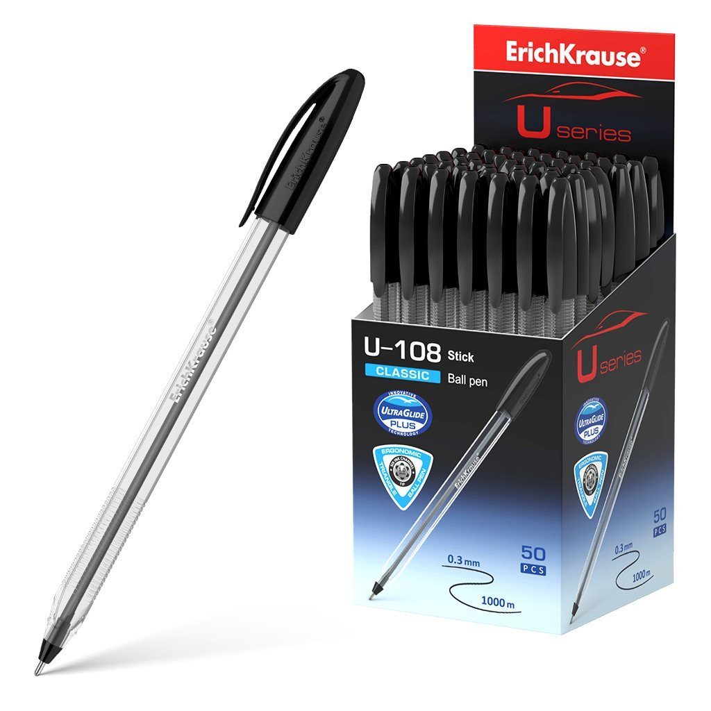 Erich Krause Kugelschreiber, Kugelschreiber U-108 Klar Stick 1.0 Kunststoff 50er Pack Tinte Schwarz | Kugelschreiber