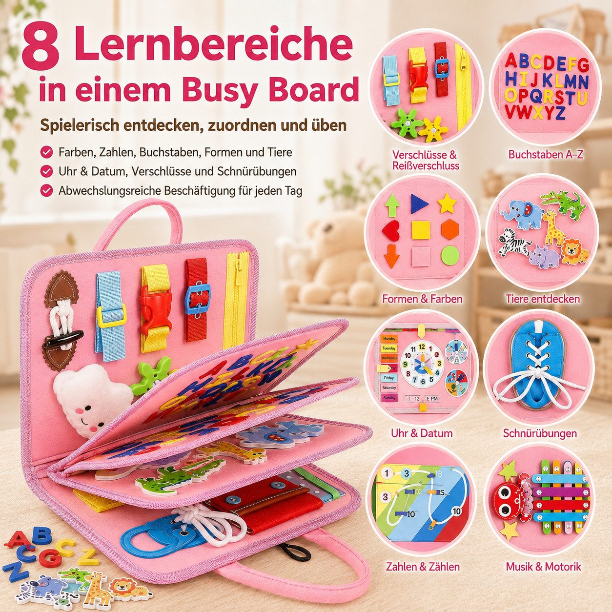 Fyrove Lernspielzeug Montessori Busy Board ab 10 Monaten, Filz-Lernspielzeug (Reißverschluss, Schnallen, Zahlen, Buchstaben, Formen, Uhr & Datum, tragbares Lernboard für Auto, Reisen und Zuhause im PKW)
