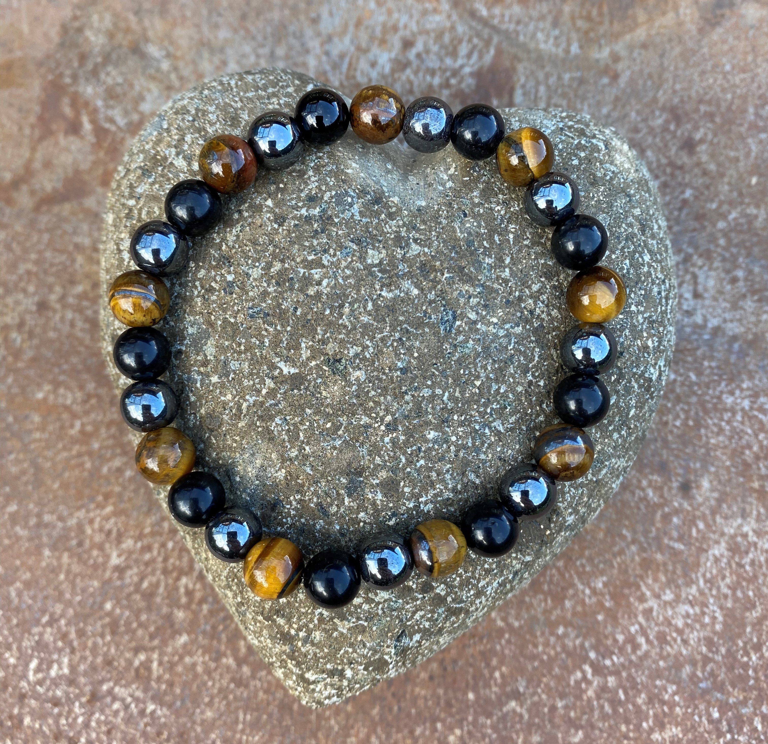 NAHLE Armband Naturstein Perlenarmband Obsidian, mit Obsidian Tigerauge und Hämatit