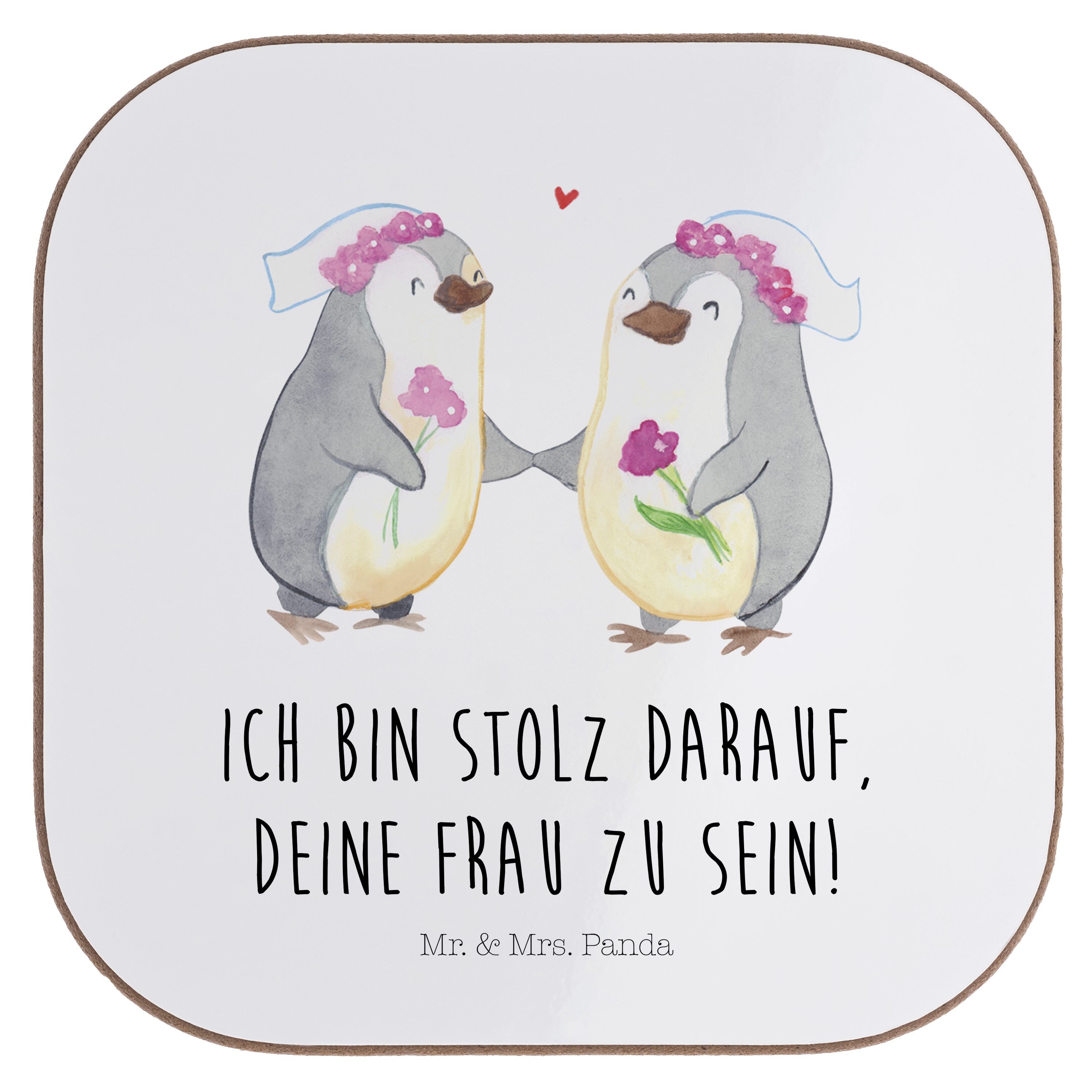 Mr. & Mrs. Panda Getränkeuntersetzer Pinguin Pärchen Lesbian Pride - Weiß - Geschenk, Untersetzer Gläser, 1-tlg.