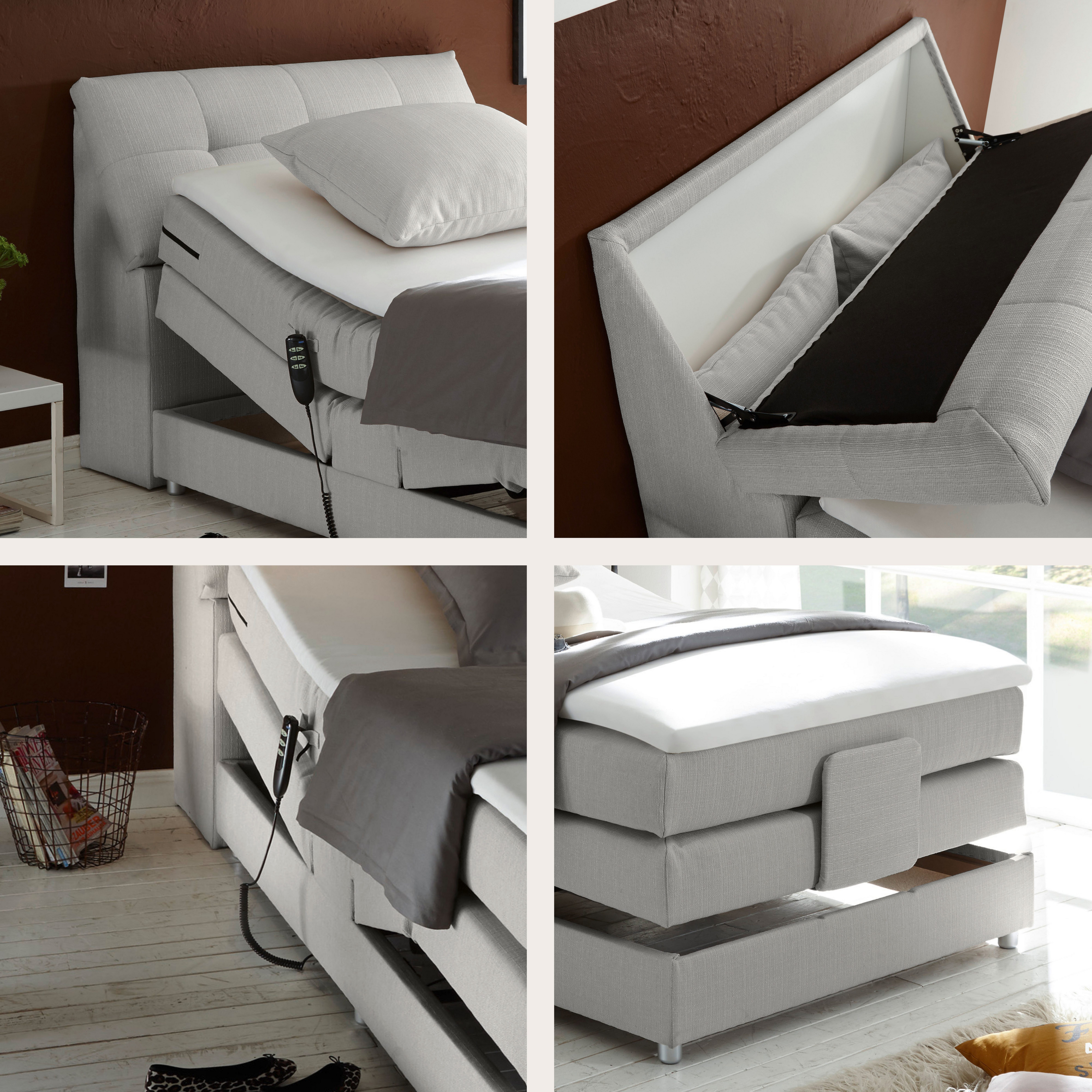 ED EXCITING DESIGN Boxspringbett Carpino wahlweise in den Breiten 120cm oder 180cm erhältlich, inkl. Motor, Stauraum im Kopfteil und Topper