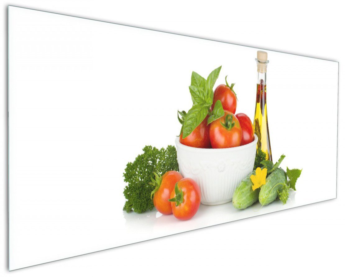Wallario Küchenrückwand Frische Salatzutaten mit Kräuter-Öl - Tomaten, Gurke, Petersilie, (1-tlg)