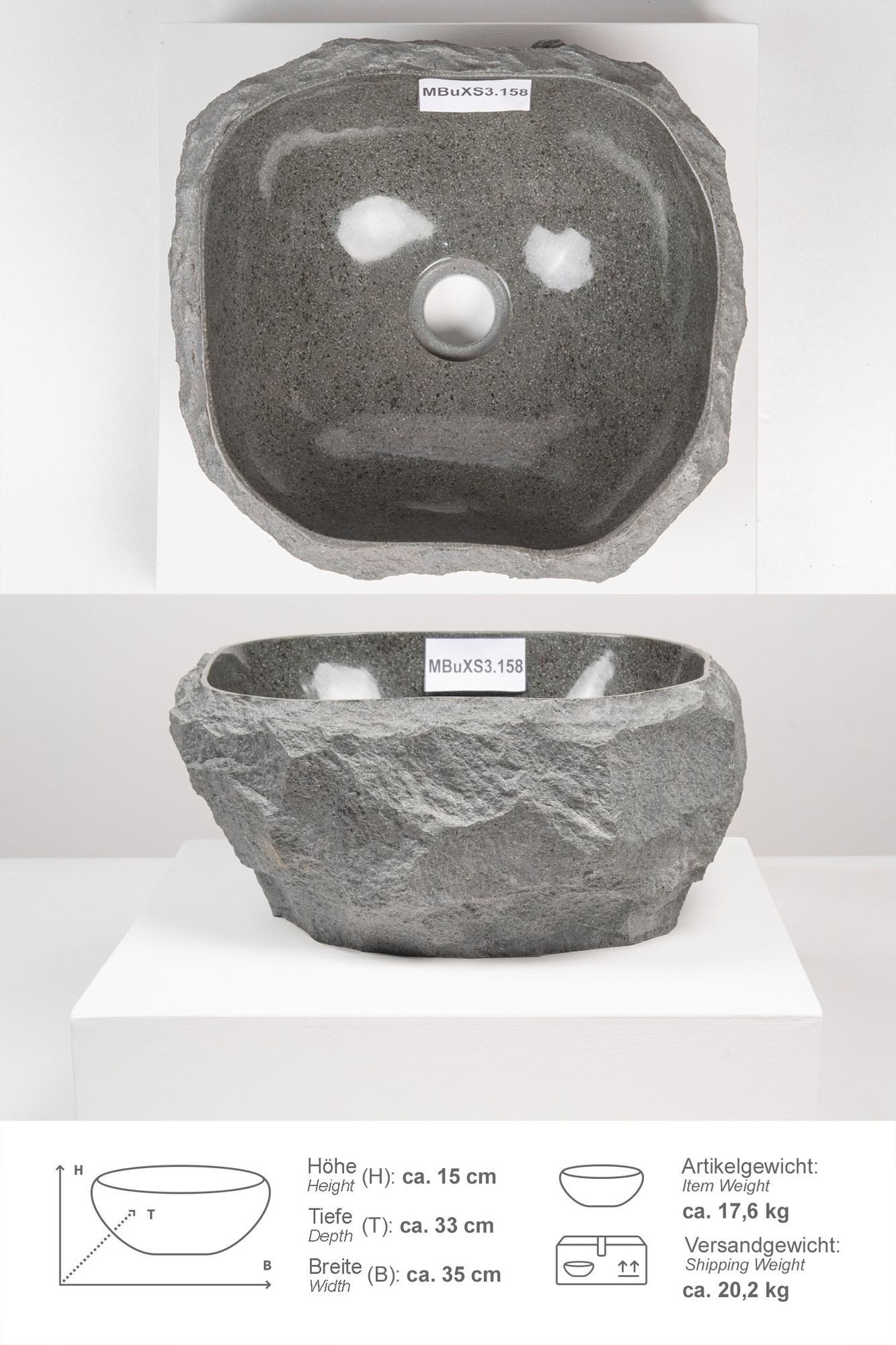 wohnfreuden Aufsatzwaschbecken Andesit Waschbecken EROSI 30 cm mit Naturkante anthrazit (Kein Set), 126607_MBuXS3.158