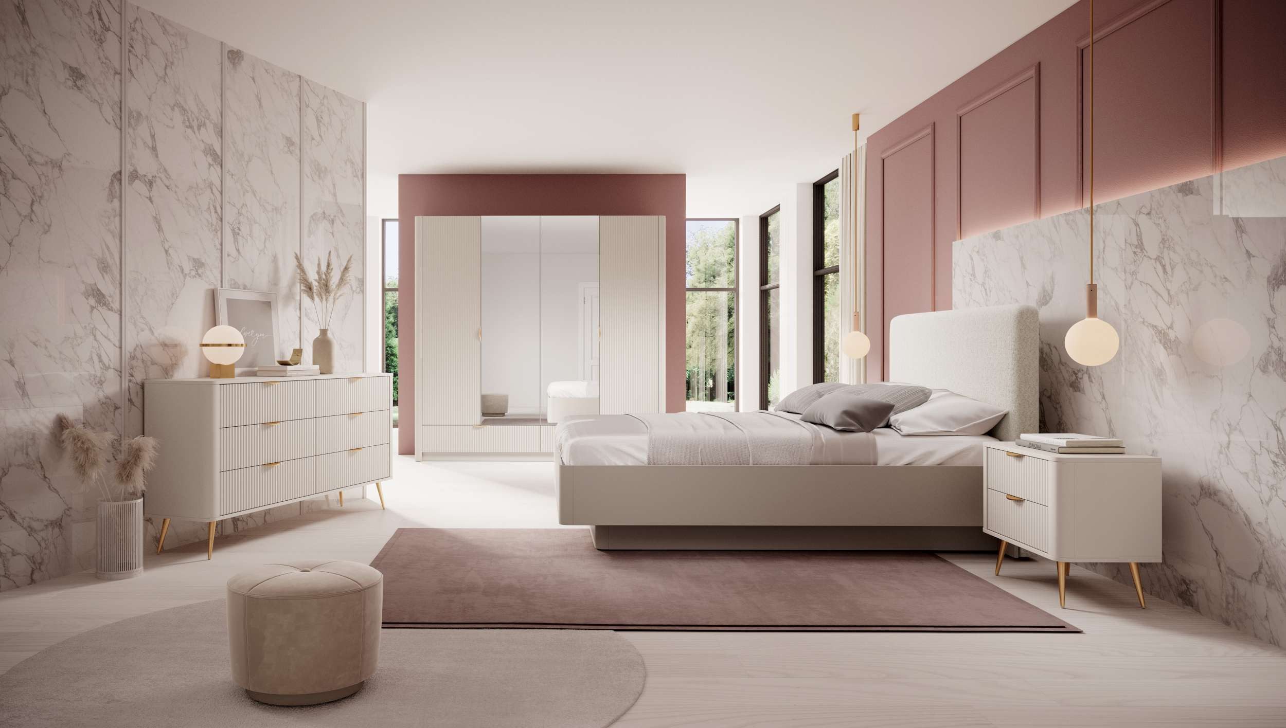 99rooms Schlafzimmer-Set Talan, (Set (5-St), Komplett Schlafzimmer), Modern Design, mit viel Stauraum, goldene Metallgriffe und Metallfüße
